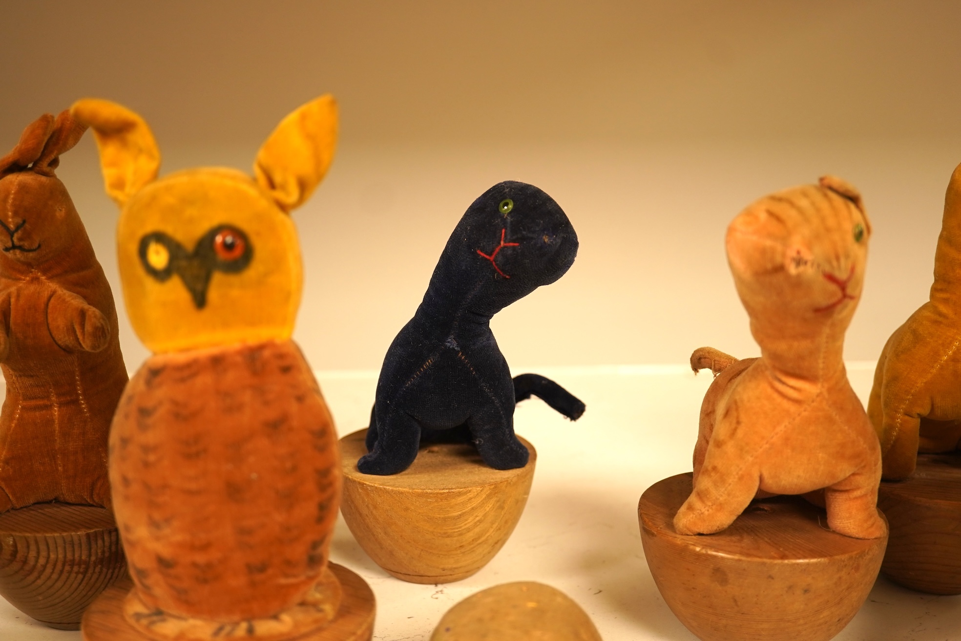 Nine children’s toy 1930’s-40’s soft animal skittles and a ball. Monkey skittle 17cm high